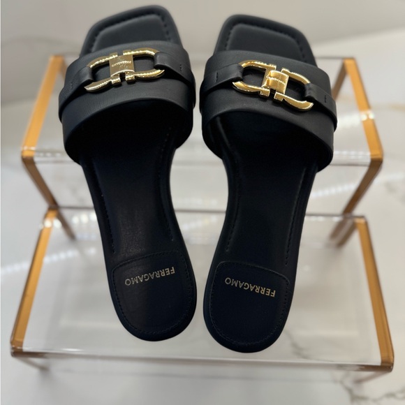 Salvatore Ferragamo Black and Gold Sandals Sleek Design - Picture 1 of 6